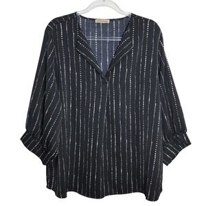 Unixseque Womens XXL Blouse Black White Dotted‎ Stripe V-Neck 3/4 Balloon Sleeve